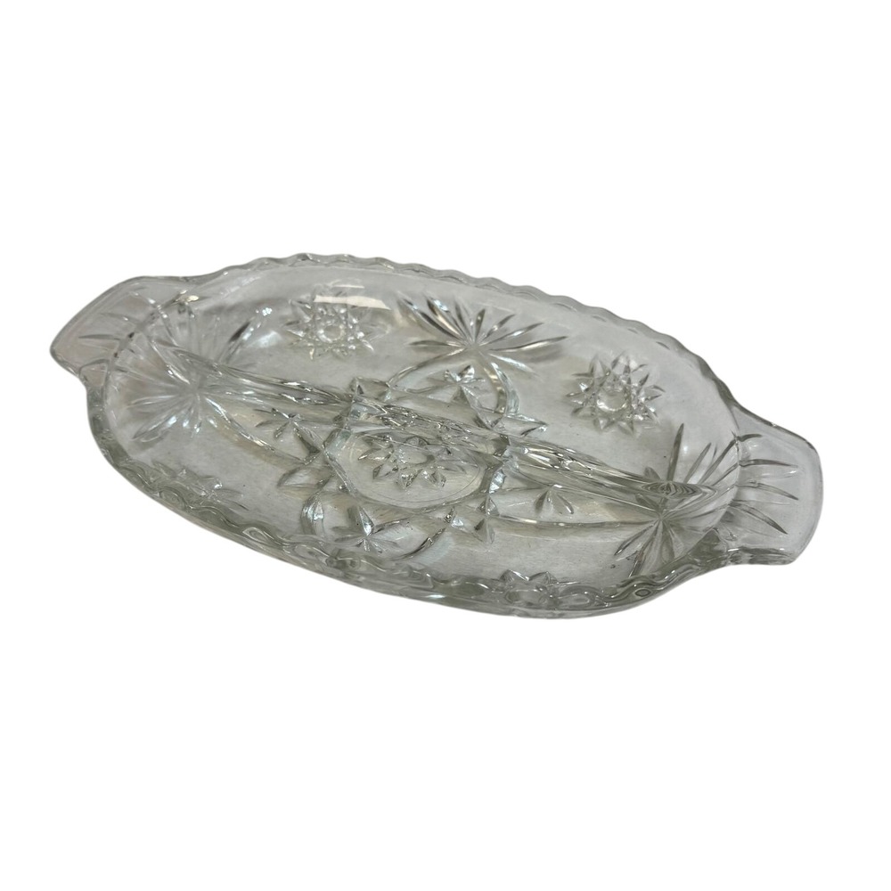Vintage Crystal Glass‎ Relish Dish Starburst Pattern Divided Serving Tray